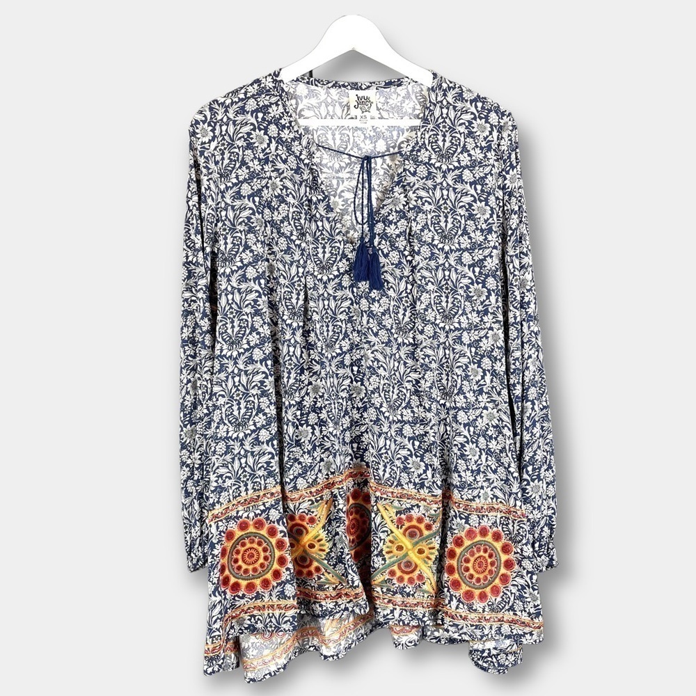 Ivy Jane Embroidered Tunic Blue White Orange Size XS